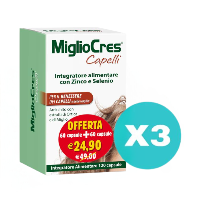 3 Confezioni Migliocres 60+60 - Tot. 360 compresse - Integratore Capelli e Unghie - 3 Confezioni Migliocres 60+60 - Tot. 360 compresse - Integratore Capelli e Unghie