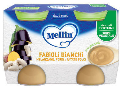 MELLIN OMOGENEIZZATO FAGIOLI BIANCHI E MELANZANE 2 PEZZI DA130 G